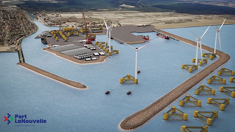 A 3D representation of Port-La-Nouvelle with floating wind turbines installed.