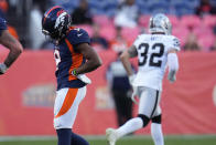 Denver Broncos wide receiver Kendall Hinton (9) walks to the sidelines during the second half of an NFL football game against the Las Vegas Raiders, Sunday, Oct. 17, 2021, in Denver. The Raiders won 34-24. (AP Photo/Jack Dempsey)