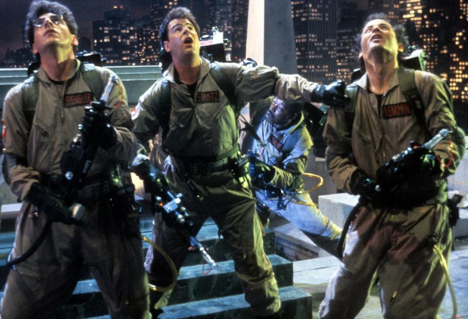 Harold Ramis, Dan Aykroyd, Ernie Hudson (background) and Bill Murray in a scene from the film 'Ghostbusters', directed by Ivan Reitman, 1984