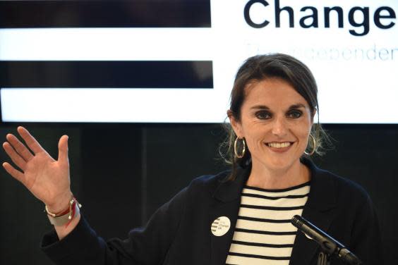 Andrea Cooper speaks during a European Parliament election campaign rally at the Manchester Technology Centre (AFP/Getty Images)