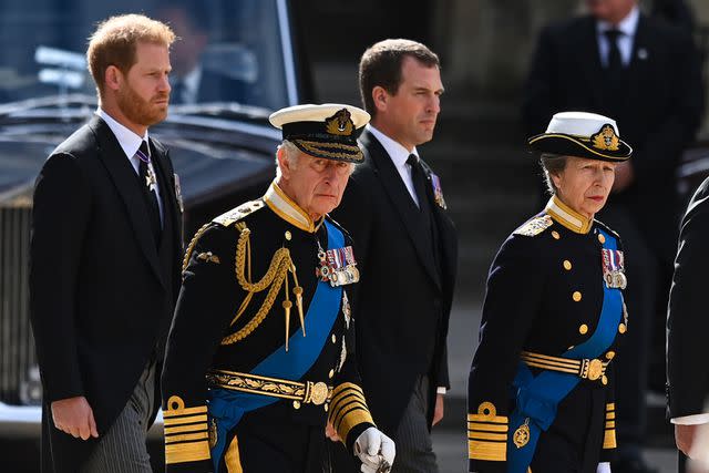 <p>Marc Aspland - WPA Pool/Getty</p> Prince Harry, King Charles, Peter Phillips and Princess Anne