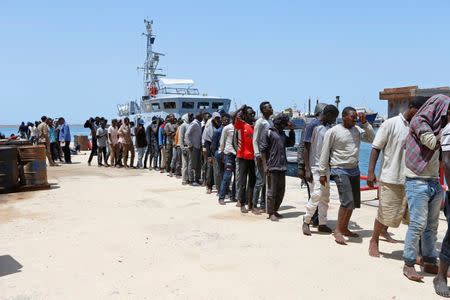 Migrants arrive at a naval base after being rescued by Libyan coast guards in Tripoli, Libya June 29, 2018. REUTERS/Ismail Zitouny