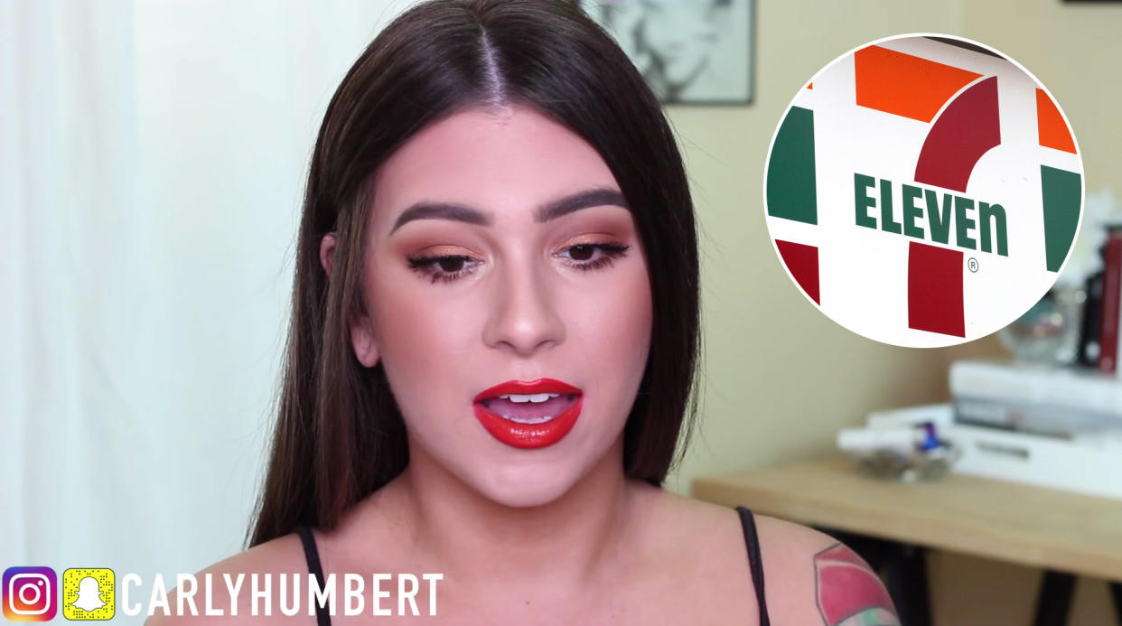 “<a href="https://www.youtube.com/watch?v=lmCDBIJCxEU&t=927s" rel="nofollow noopener" target="_blank" data-ylk="slk:Full Face Using 7-Eleven’s Makeup Brand;elm:context_link;itc:0;sec:content-canvas" class="link ">Full Face Using 7-Eleven’s Makeup Brand</a>” is the latest video trending in the beauty community.(Photo: YouTube Carly Humbert/Getty Images)