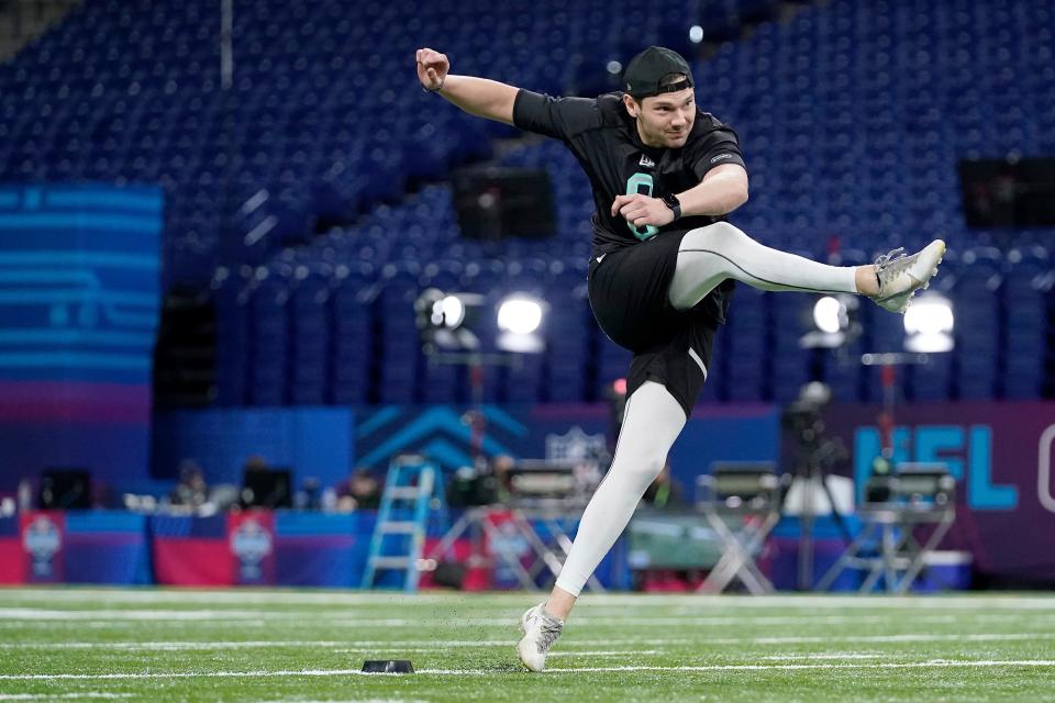 LSU kicker Cade York (08) participates in a drill at the NFL football scouting combine in Indianapolis, Sunday, March 6, 2022. (AP Photo/Steve Luciano)