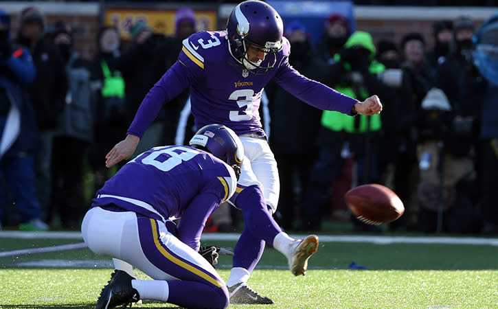 Seattle Seahawks kicker Blair Walsh misses a field goal against the Seattle Seahawks in the fourth quarter of a NFC Wild Card playoff football game at TCF Bank Stadium.