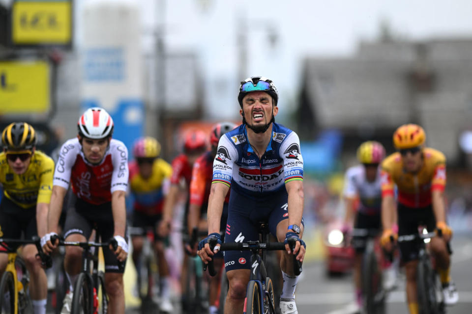 CRESTVOLAND FRANCE  JUNE 09 Julian Alaphilippe of France and Team Soudal  Quick Step crosses the finish line during the 75th Criterium du Dauphine 2023 Stage 6 a 1702km stage from Nantua to CrestVoland 1218m  UCIWT  on June 09 2023 in CrestVoland France Photo by Dario BelingheriGetty Images