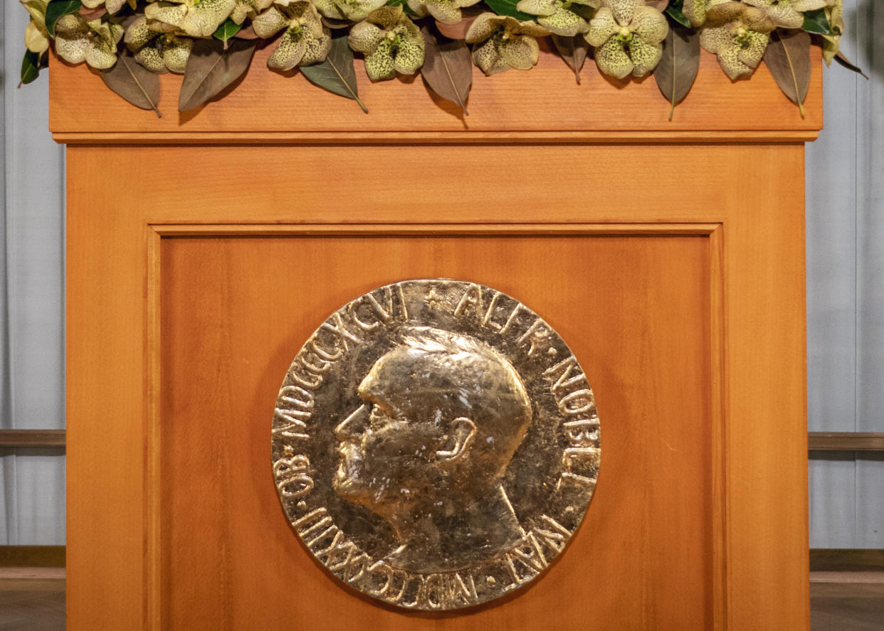 FILE - A Thursday Dec. 10, 2020 file photo showing the lectern at the Nobel Institute in Oslo, Norway. The Nobel Peace Prize will be awarded on Friday Oct. 8, 2021. (Heiko Junge / NTB via AP, File)