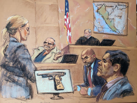 Assistant United States Attorney Gina Parlovecchio questions witness Jesus Zambada (2nd L), the brother of Ismael "El Mayo" Zambada who was Guzman's alleged partner in running the Sinaloa Cartel, with a diamond-encrusted pistol on display during the trial of the accused Mexican drug lord Joaquin "El Chapo" Guzman (R), as Judge Brian Cogan and defense attorney A. Eduardo Balarezo (2nd R) look on, in this courtroom sketch in Brooklyn federal court in New York, U.S., November 19, 2018. REUTERS/Jane Rosenberg