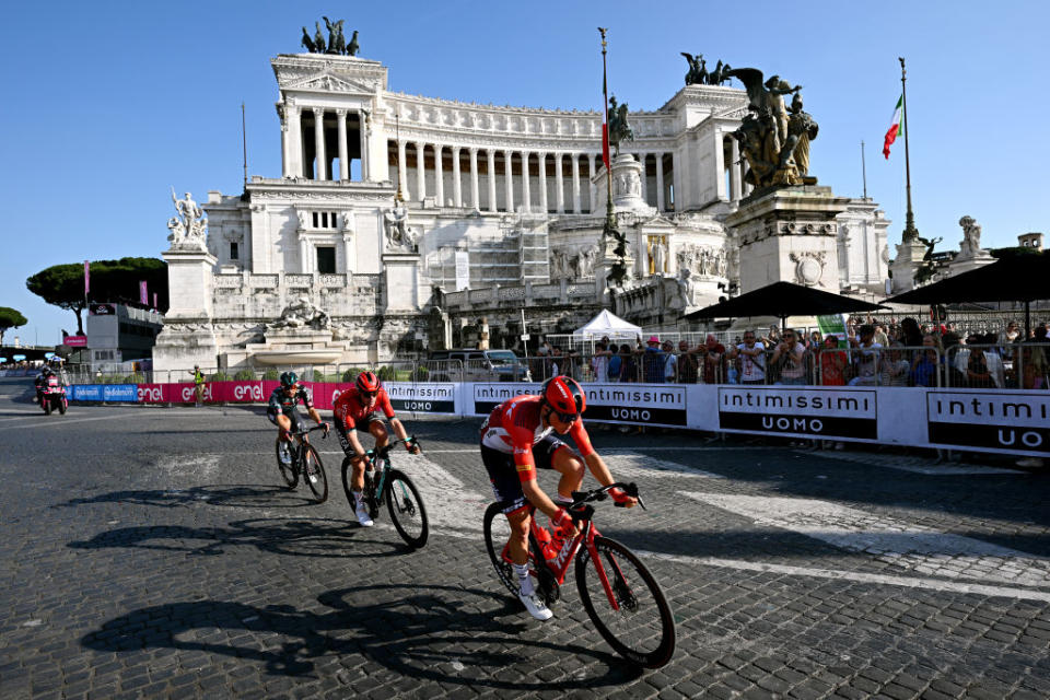 ROME ITALY  MAY 28 LR Cesare Benedetti of Italy and Team BORA  hansgrohe Maxime Bouet of France and Team Arka Samsic and Toms Skuji of Latvia and Team Trek  Segafredo compete in the breakaway at the Piazza Venezia during the 106th Giro dItalia 2023 Stage 21 a 126km stage from Rome to Rome  UCIWT  on May 28 2023 in Rome Italy Photo by Stuart FranklinGetty Images