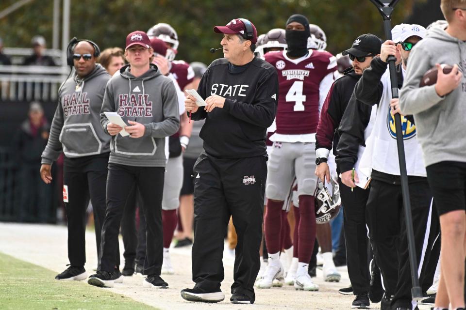 Nov 19, 2022; Starkville, Mississippi, USA; Mississippi State Bulldogs head coach Mike Leach stands on the sidelines during the first quarter of the game against the East Tennessee State Buccaneers at Davis Wade Stadium at Scott Field. Mandatory Credit: Matt Bush-USA TODAY Sports