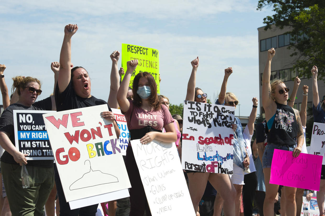 Protesters at an abortion rights rally in front of the State Capitol in Lincoln, Neb., on July 4, 2022.  (Kenneth Ferriera / Lincoln Journal Star via AP file )