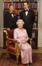 <p>Queen Elizabeth II sits in front of her son Prince Charles (second in line for the throne) and Prince William (third in line for the throne) at the 50th anniversary of her coronation. The photo was taken at Clarence House, Charles' official residence.</p>