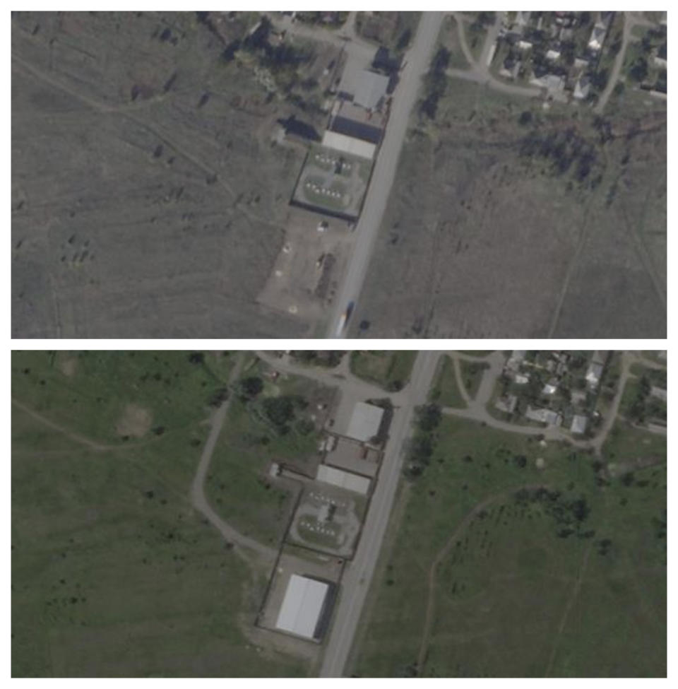 This combination of Oct. 19, 2022, top, and June 4, 2023 satellite images from Planet Labs shows a suspected detention center in Morskaya, Ukraine. The bottom image shows a building added at the site. A Russian government document obtained by the Associated Press dating to January 2023 outlined plans to create 25 new prison colonies and six other detention centers in occupied Ukraine by 2026. (Planet Labs via AP)