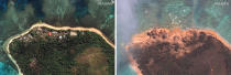 This combination of this satellite images provided by Maxar Technologies shows an overview of Mango island in the Tonga island group on Aug. 17, 2020, left, and Jan. 20, 2022, right, showing the damage after the Jan. 15 eruption. (Satellite image ©2022 Maxar Technologies via AP)