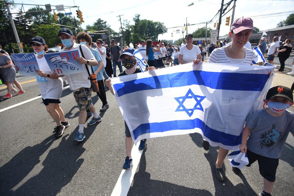 Hundreds of Israel supporters marched from Phelps Park to Sagamore Park during a rally in support of Israel in Teaneck on Sunday, June 6, 2021.