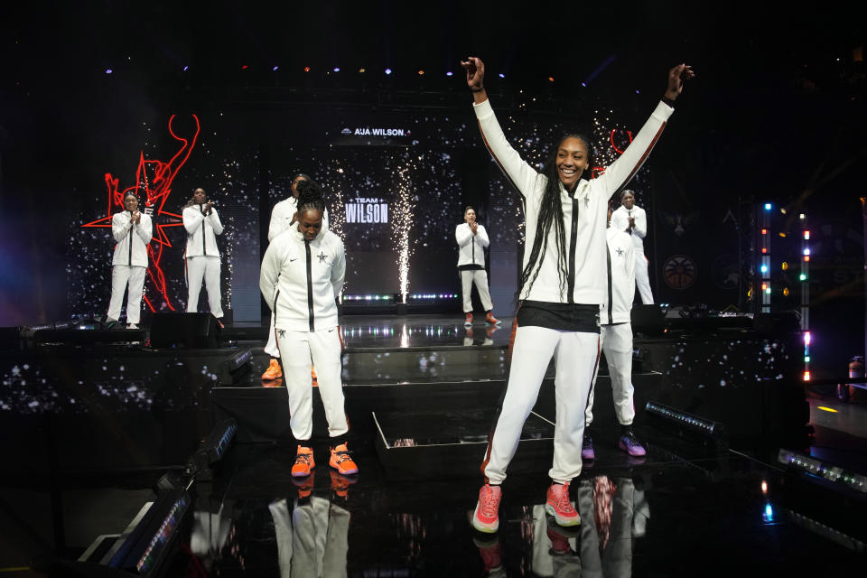 Las Vegas Aces' A'ja Wilson, the captain of Team Wilson, reacts as she is introduced before the 2023 WNBA All-Star Game on July 15, 2023, in Las Vegas. Team Wilson featured four Aces players. (AP Photo/John Locher)