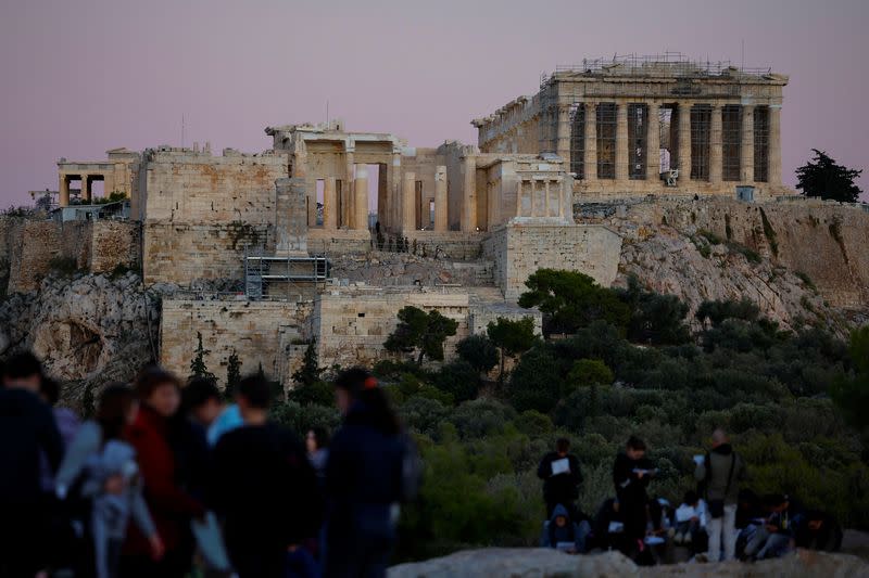 A view of the Acropolis archaeological site and the Parthenon temple ruins in Athens