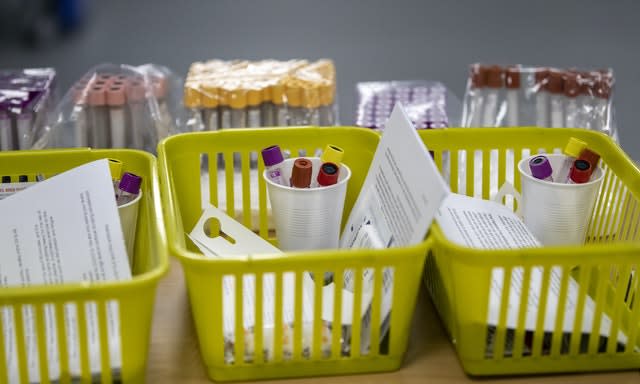 Blood tests at a pop-up plasma donor centre in Liverpool 