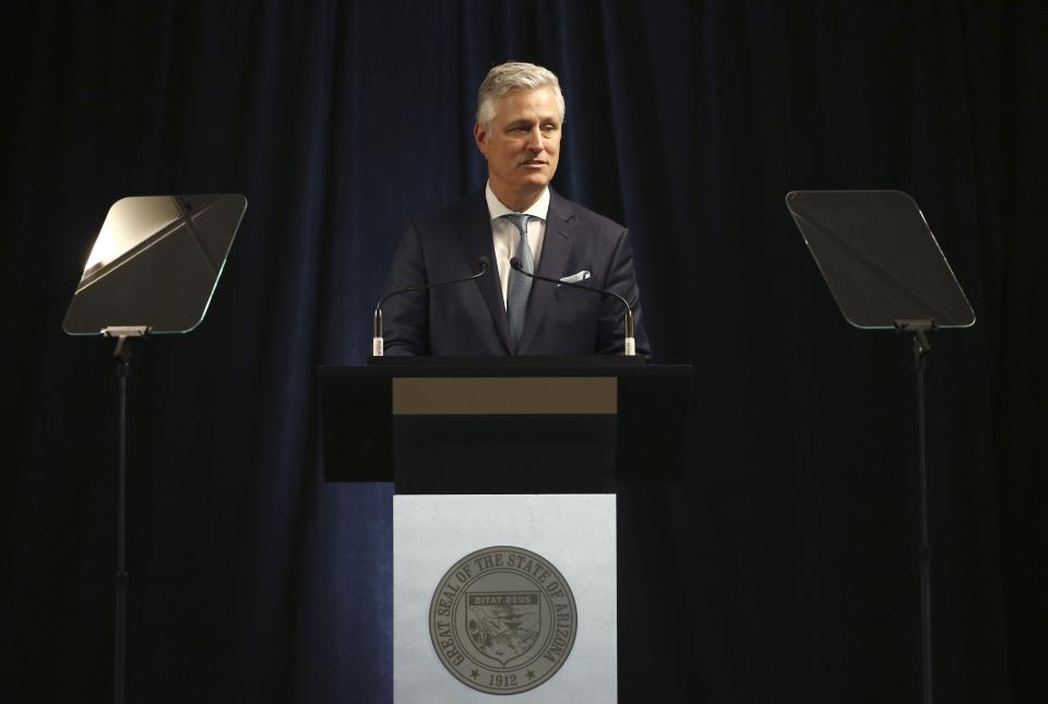 Robert O'Brien, assistant to the president for national security affairs, speaks during a news conference regarding China Wednesday, June 24, 2020, in Phoenix. (AP Photo/Ross D. Franklin)