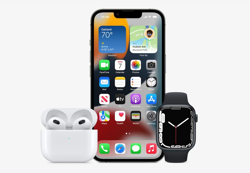 An iPhone, Apple Watch, and pair of AirPods.