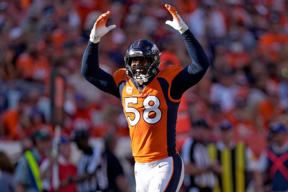 Denver Broncos outside linebacker Von Miller (58) celebrates a defensive stop against the New York Jets during the second half of an NFL football game, Sunday, Sept. 26, 2021, in Denver. (AP Photo/David Zalubowski)