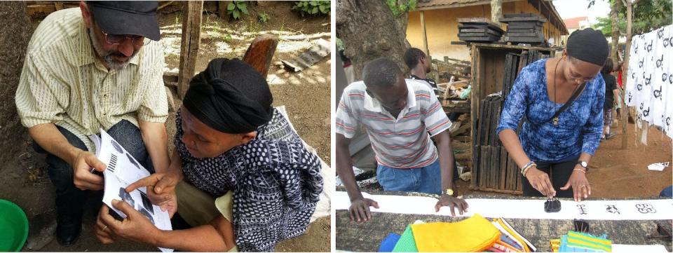 The authors learn from artisans. Left: Ron Eglash discusses fractal patterns with an Ethiopian crafter. Right: Audrey Bennett tries her hand at Adinkra stamping in Ghana. Ron Eglash, <a href="http://creativecommons.org/licenses/by-nd/4.0/" rel="nofollow noopener" target="_blank" data-ylk="slk:CC BY-ND;elm:context_link;itc:0;sec:content-canvas" class="link ">CC BY-ND</a>