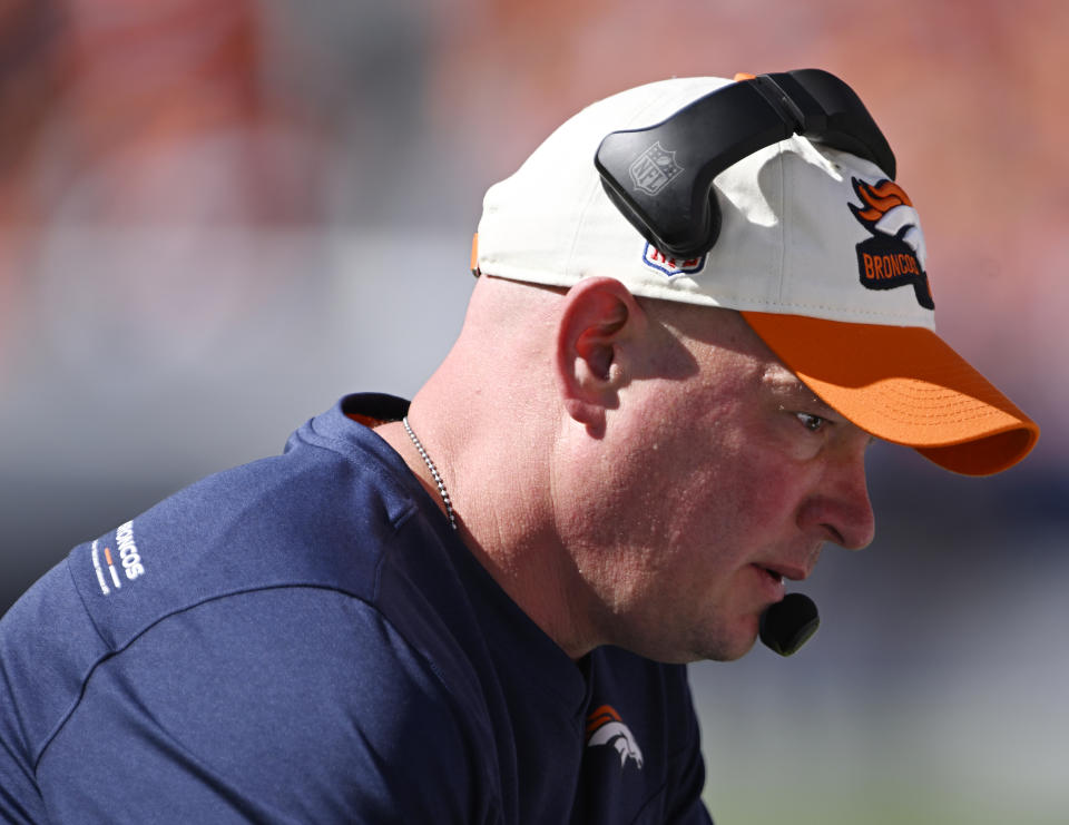 DENVER, COLORADO - SEPTEMBER 18: Denver Broncos Head coach Nathaniel Hackett comes over to check on Denver Broncos wide receiver Jerry Jeudy (10) after he gets hurt early in the game as the Denver Broncos took on the Houston Texans at Empower Field on September 18, 2022 in Denver, Colorado. It was the home opener for the Denver Broncos during week two of NFL season. (Photo by  RJ Sangosti/MediaNews Group/The Denver Post via Getty Images)