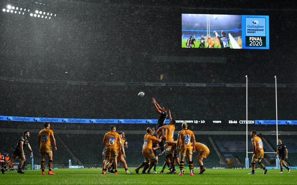 General view inside the stadium as Sam Skinner of Exeter Chiefs wins a line out during the Gallagher Premiership Rugby final match between Exeter Chiefs and Wasps at Twickenham Stadium on October 24, 2020 in London, England - Dan Mullan/Getty Images