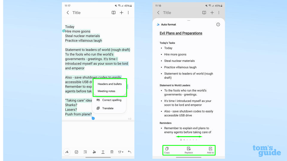 Galaxy AI Notes formatting