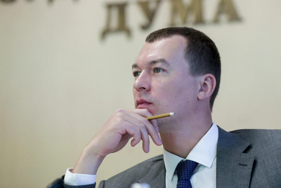 In this photo taken on on Friday, July 17, 2020, and distributed by Photo service of the State Duma, Liberal Democratic Party's lawmaker Mikhail Degtyarov attends a session at the Russian State Duma, the Lower House of the Russian Parliament in in Moscow, Russia, Friday. Russian President Vladimir Putin on Monday appointed lawmaker Mikhail Degtyarov acting governor of the Kharaborvsk region. His predecessor Sergei Furgal was arrested on Murder charges on July 9. Tens of thousands of people have been protesting Furgal's arrest ever since. (Photo service of the State Duma via AP)