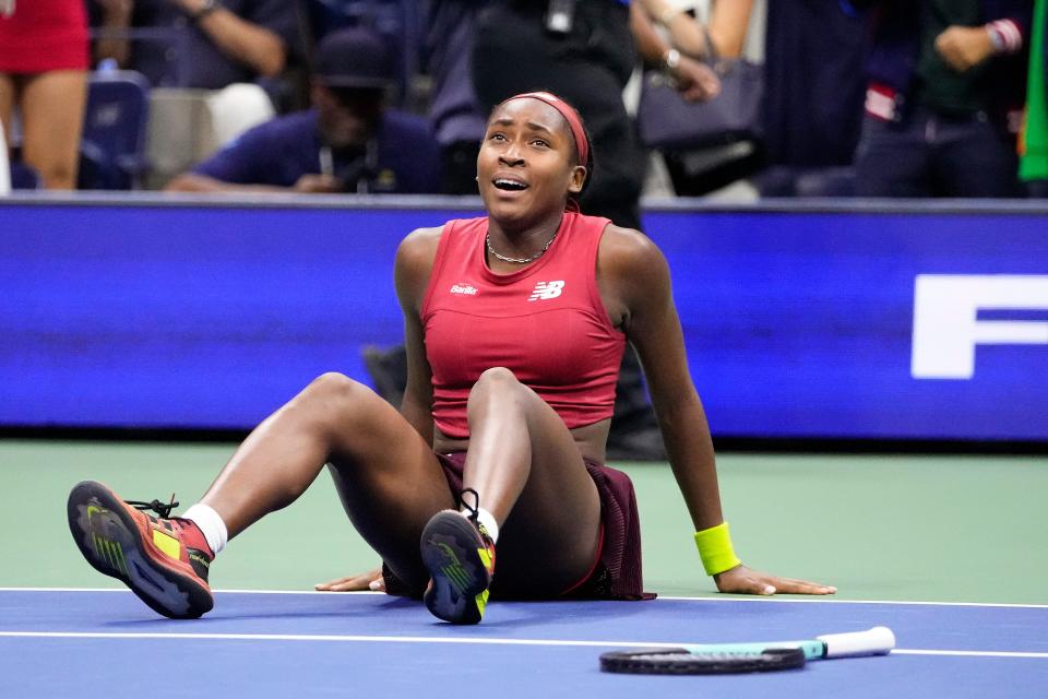 Coco Gauff, of the United States, reacts after defeating Aryna Sabalenka, of Belarus, to win the women's singles final of the U.S. Open tennis championships, Saturday, Sept. 9, 2023, in New York. (AP Photo/Frank Franklin II)