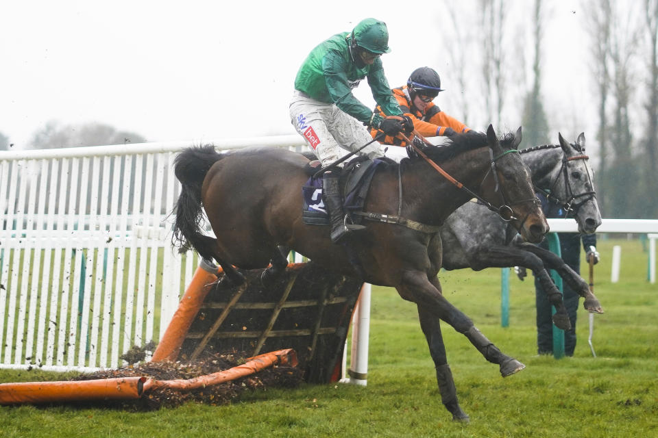 <p>FONTWELL, ENGLAND - MARCH 10: Daryl Jacob riding Valleres (green) clear the last to win The MansionBet Faller Insurance Novices' Hurdle at Fontwell Park Racecourse on March 10, 2021 in Fontwell, England. Due to the coronavirus pandemic, owners along with the paying public will not be allowed to attend the meeting. (Photo by Alan Crowhurst/Getty Images)</p>
