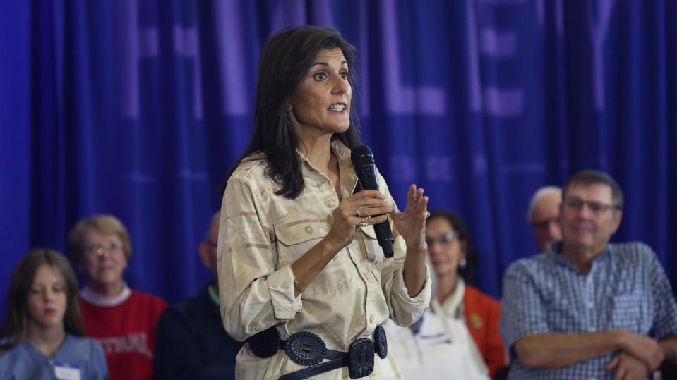 PHOTO: Republican presidential candidate former U.N. Ambassador Nikki Haley speaks to potential voters during a campaign event at Central College on Oct. 21, 2023 in Pella, Iowa.  (Scott Olson/Getty Images)