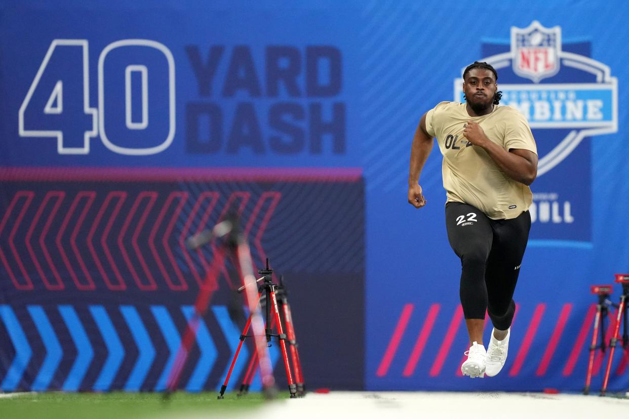 Mar 3, 2024; Indianapolis, IN, USA; Missouri offensive lineman Javon Foster (OL22) during the 2024 NFL Combine at Lucas Oil Stadium. Mandatory Credit: Kirby Lee-USA TODAY Sports