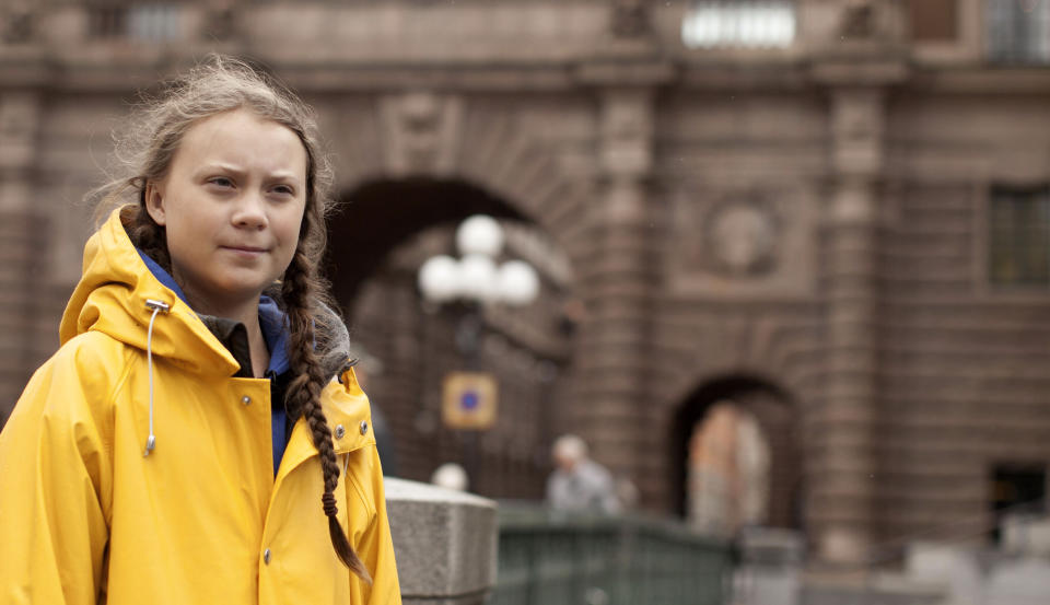 This image released by Hulu shows activist Greta Thunberg in a scene from the documentary "I Am Greta." The film premieres Friday on Hulu. (Hulu via AP)