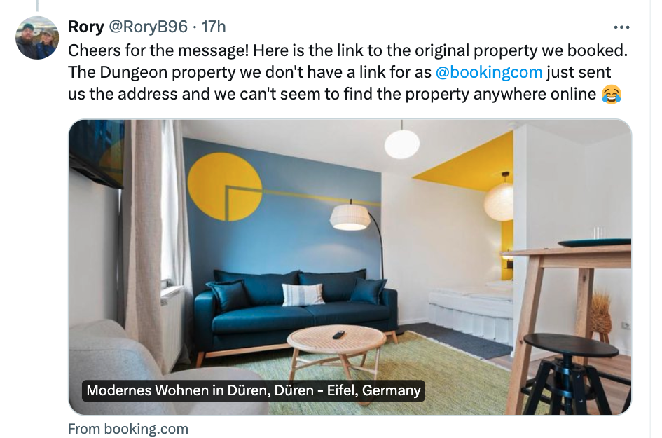Rory also posted a link to what the first property was advertised as when they booked it. (Credit: X.com)