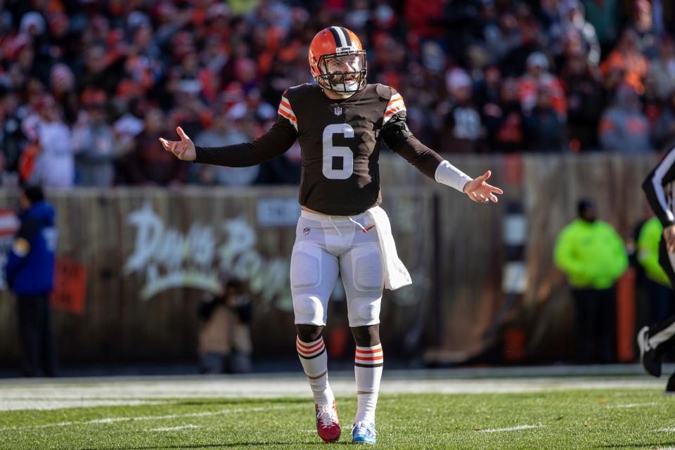 Cleveland Browns quarterback Baker Mayfield (6) reacts during an NFL football game, Sunday, December 12, 2021 in Cleveland. (AP Photo/Matt Durisko)