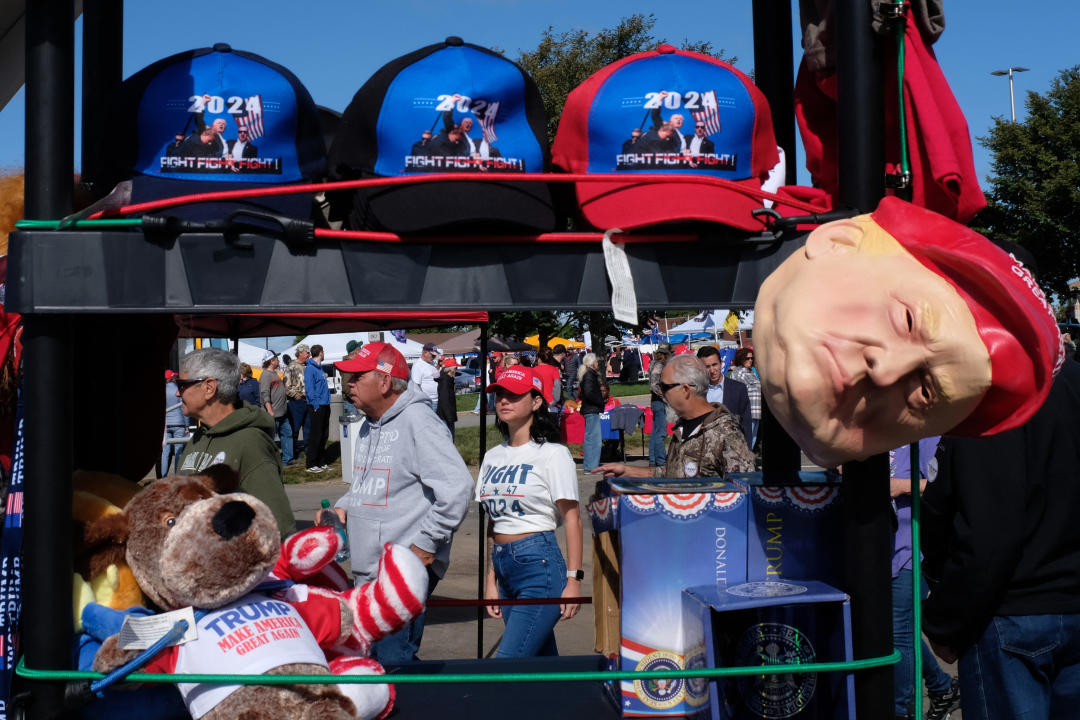 Merchandise supporting former US President and Republican presidential candidate Donald Trump is sold during a campaign rally at the Central Wisconsin Airport in Mosinee, Wisconsin, on September 7, 2024. Trump is holding a rally in the US swing state of Wisconsin on Saturday while US Vice President and Democratic presidential candidate Kamala Harris hunkers down in another crucial battleground, Pennsylvania, preparing for next week's televised presidential debate. (Photo by Alex WROBLEWSKI / AFP) (Photo by ALEX WROBLEWSKI/AFP via Getty Images)