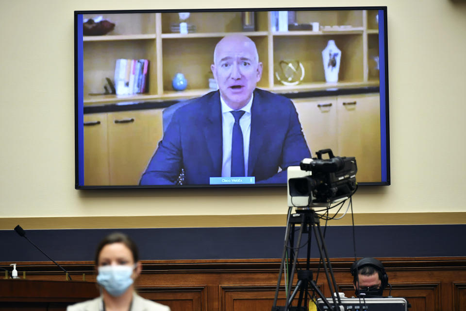 Amazon CEO Jeff Bezos testifies remotely during a House Judiciary subcommittee on antitrust on Capitol Hill on Wednesday, July 29, 2020, in Washington. (Mandel Ngan/Pool via AP)