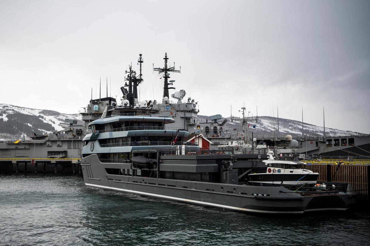 A 68 meters luxury yacht called Ragnar, owned by a former KGB officer, Russian oligarch Vladimir Strzhalkovsky, is pictured at the quay in Narvik, north Norway on March 21, 2022.