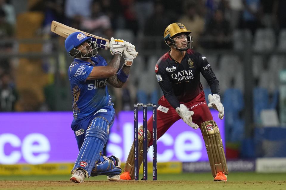 Mumbai Indians' Suryakumar Yadav bats during the Indian Premier League cricket match between Mumbai Indians and Royal Challengers Bangalore in Mumbai, India, Tuesday, May 9, 2023. (AP Photo/Rajanish Kakade)