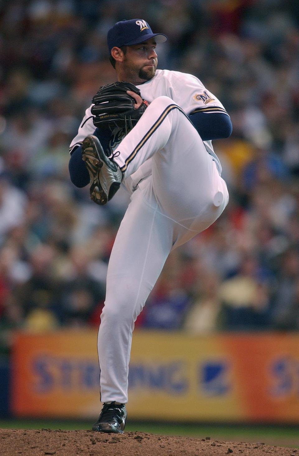 Brooks Kieschnick, No. 55 of the Milwaukee Brewers, pitches during the game against the Houston Astros on April 9, 2004, at Miller Park in Milwaukee, Wis. The Astros defeated the Brewers 13-7.