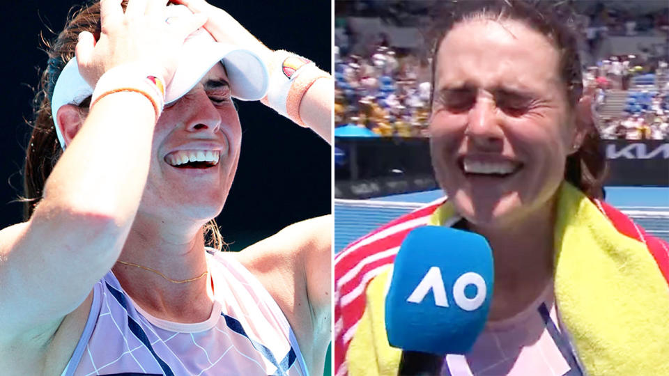 Seen here, Aussie wildcard Kim Birrell chokes back tears of joy after her stunning upset win on day two at the Australian Open. 