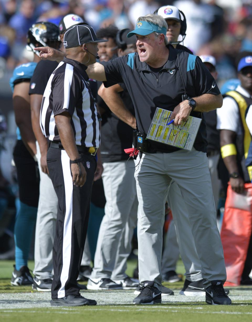Jacksonville Jaguars head coach Doug Pederson has heated words with down judge Patrick Turner after the Jaguars were stopped on a one yard run on fourth down during early fourth quarter acton. The Jacksonville Jaguars hosted the New York Giants at TIAA Bank Field in Jacksonville, FL Sunday, October 23, 2022. The Jaguars trailed at the half 11 to 13 and lost to the Giants with a final score of 17 to 23. [Bob Self/Florida Times-Union]