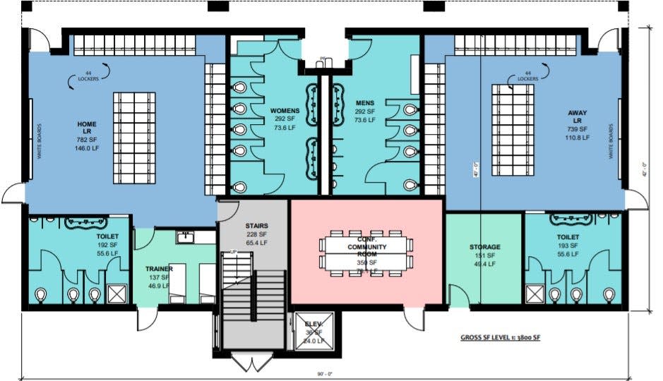 Lower floor of a two-story $3.8 million field house proposed forNorthern Highlands Regional High School in Allendale. Publicly-accessible bathrooms (top center) would replace portable facilities currently provided during games.