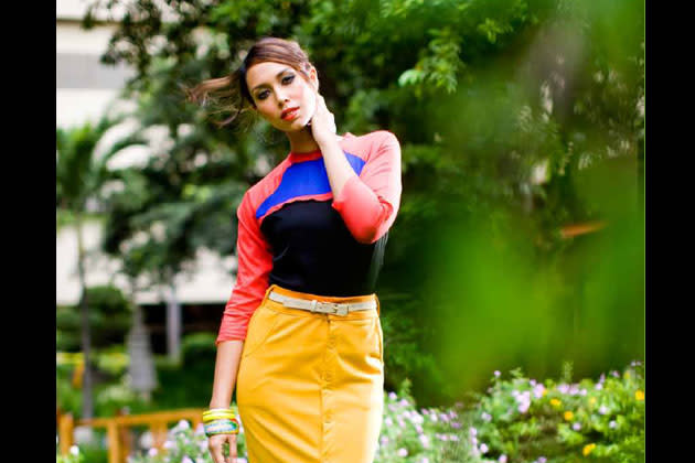 “For the new year, if you’re the type to stick to neutral colors, then try brights—it instantly update your look. Here’s my take on modern sportswear with architectural shapes and color-blocking.” <br>Karen Pamintuan Northern Living May 2012 cover <br>Photographed by Cyrus Panganiban