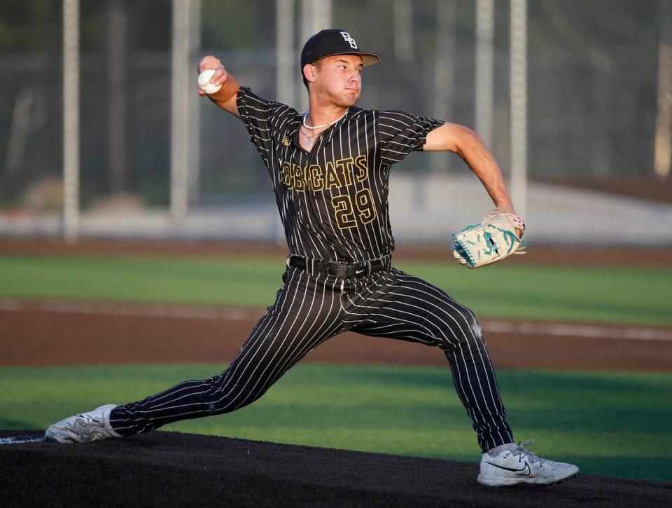 Benbrook starting pitcher Sebastian Martinez works in the second inning during a UIL District 4A Region 2 Quarterfinals at Coppell Baseball Complex in Coppell, Texas, Friday, May 17, 2024.
