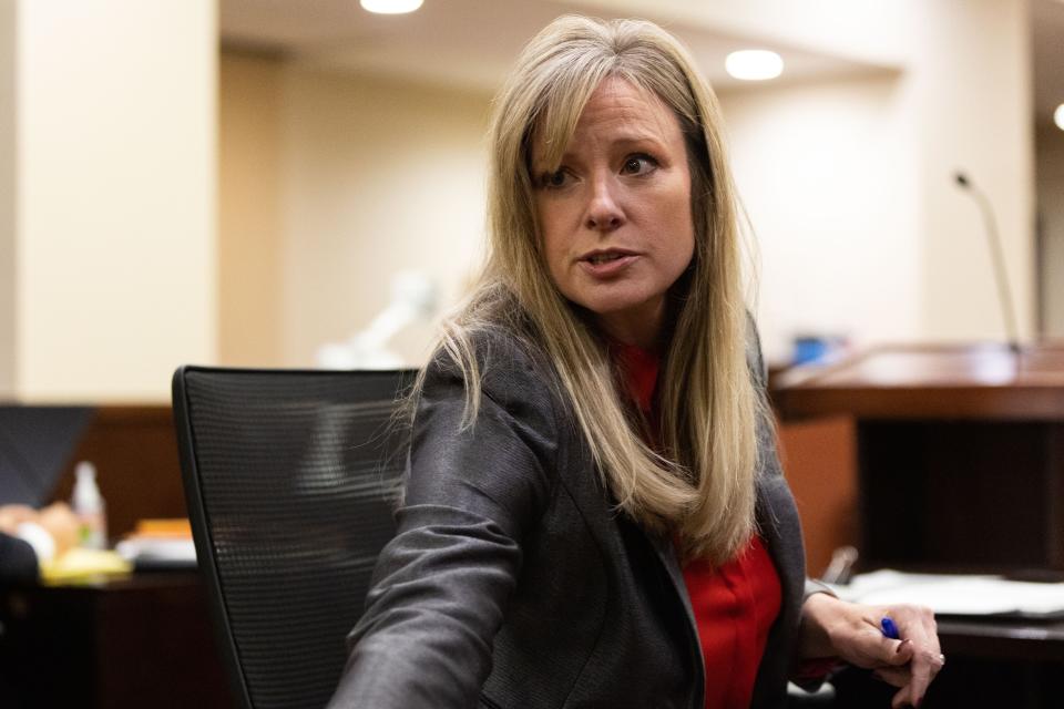 Assistant State Attorney Georgia Cappleman looks at the courtroom gallery during Charlie AdelsonÕs sentencing Tuesday, Dec. 12, 2023.