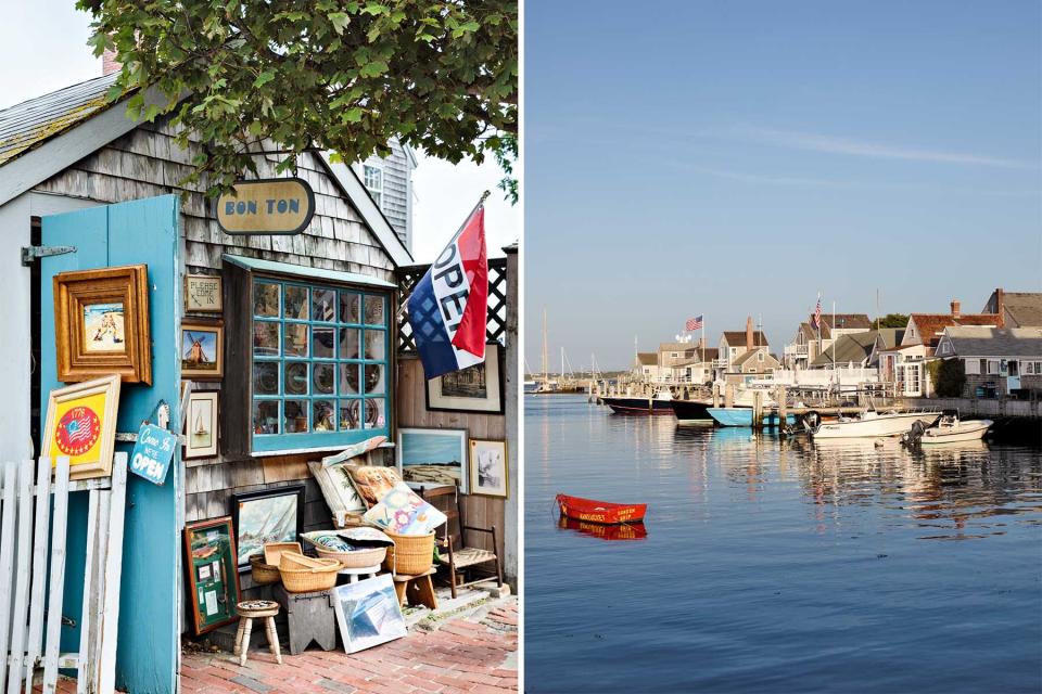Two photos from Nantucket, one showing the exterior of a homewares store, and one showing houses and boats at the harbor