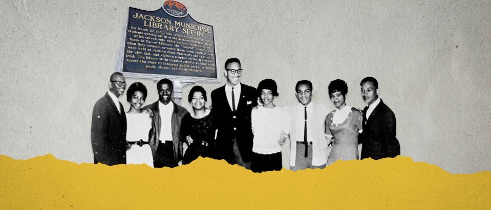 These nine Tougaloo College students held the first "read-in" in Mississippi when they attempted to desegregate the all-white Jackson Public Library. The Tougaloo Nine are, from left, Joseph Jackson, Geraldine Edwards, James Cleo Bradford, Evelyn Pierce, Albert Lassiter, Ethel Sawyer, Meredith C. Anding Jr., Janice L. Jackson and Alfred Lee Cook.